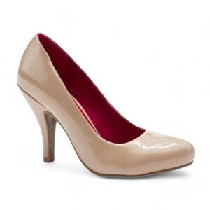 Kenneth Cole Reaction Tiki Time Heels Nude Patent Leather Pumps Red Lining 9.5